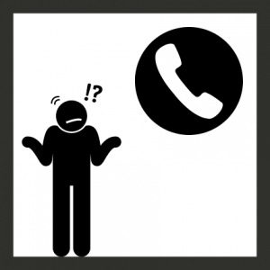 Piktogramm für leichte Sprache, zeigt Telefonhörer und Menschen mit Fragezeichen
