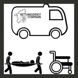 Piktogramm für leichte Sprache, zeigt zwei Menschen mit Trage und Rollstuhl